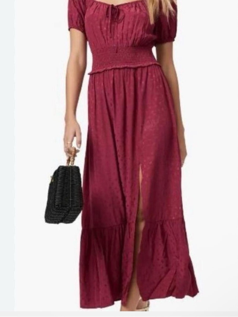 PAIGE Burgundy Smocked Maxi Dress with Front Slit